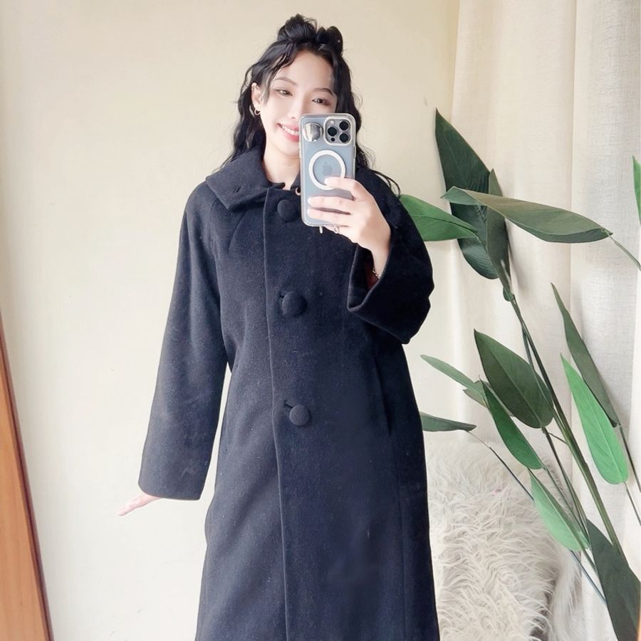 素面墨黑可拆領早期訂製服 古董厚磅長版大衣外套dustcoat jacket-2