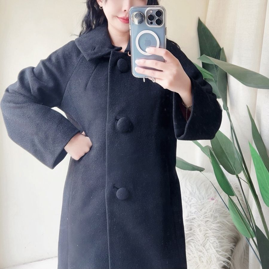 素面墨黑可拆領早期訂製服 古董厚磅長版大衣外套dustcoat jacket-3
