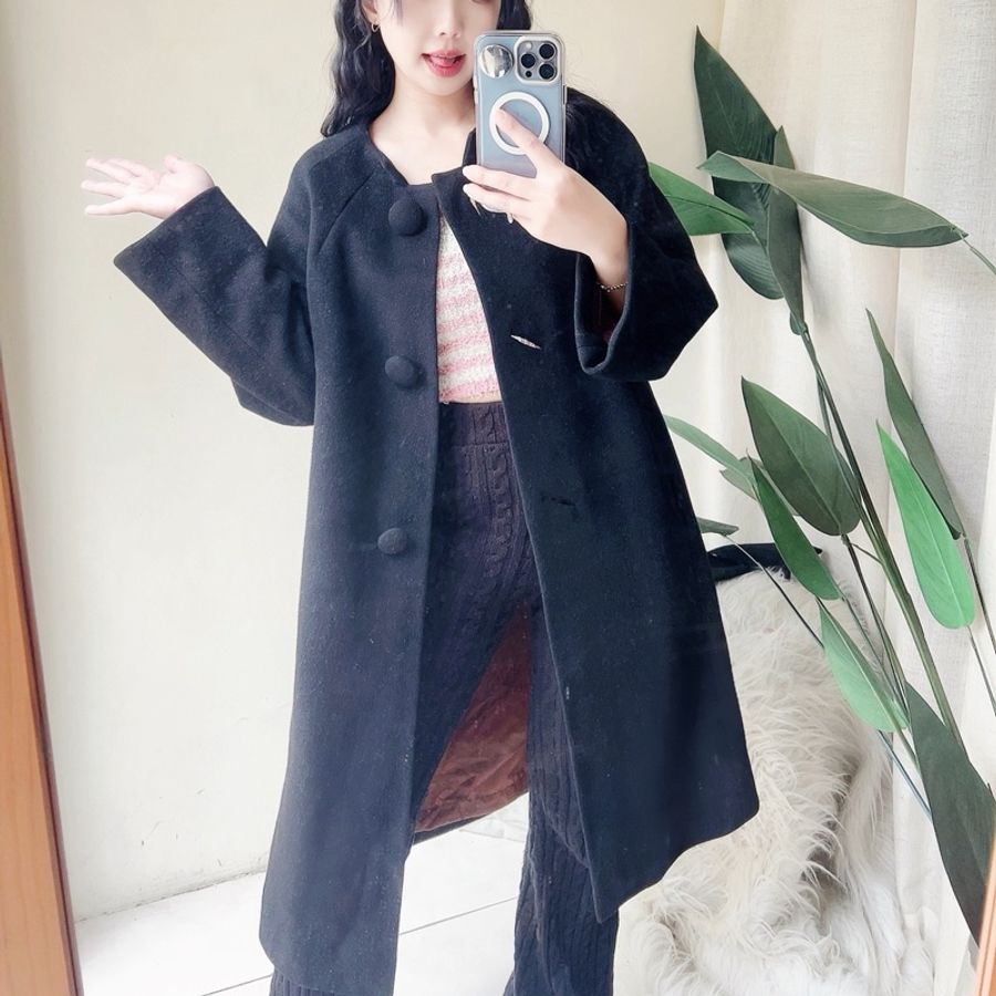 素面墨黑可拆領早期訂製服 古董厚磅長版大衣外套dustcoat jacket-4