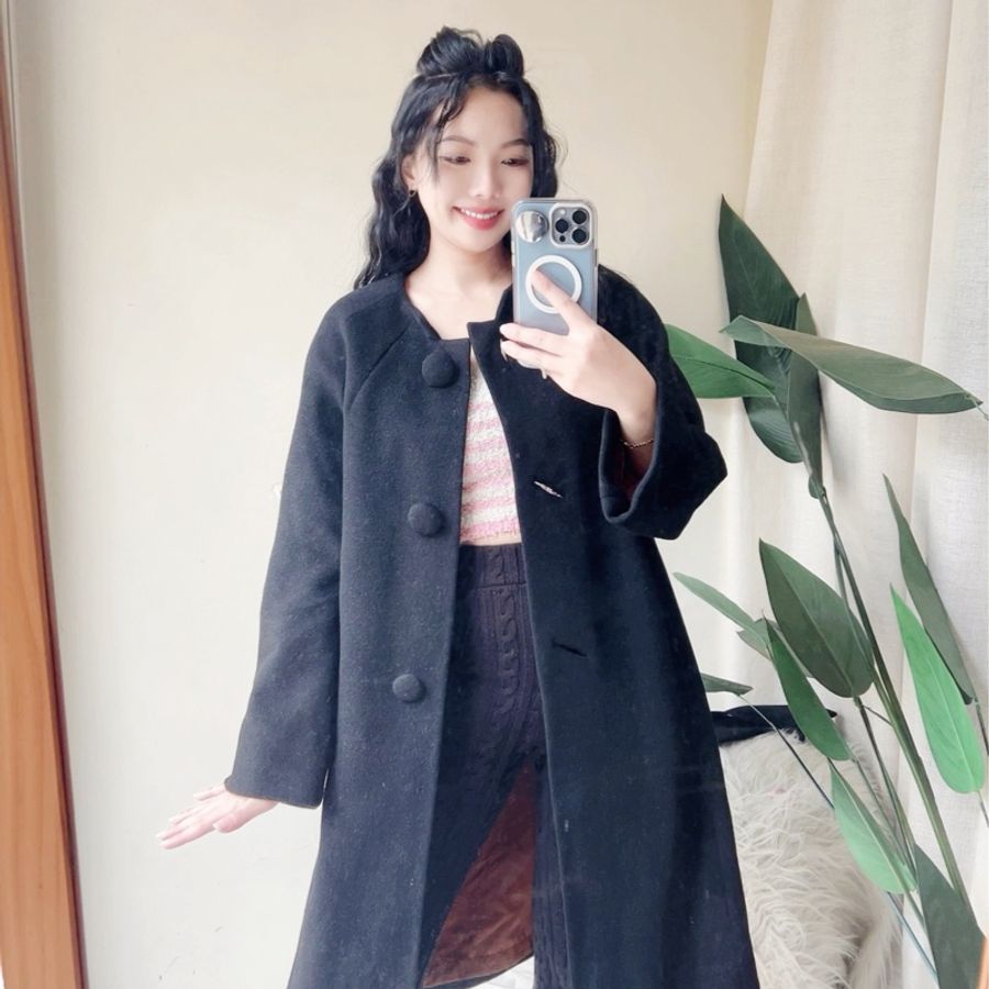 素面墨黑可拆領早期訂製服 古董厚磅長版大衣外套dustcoat jacket-5