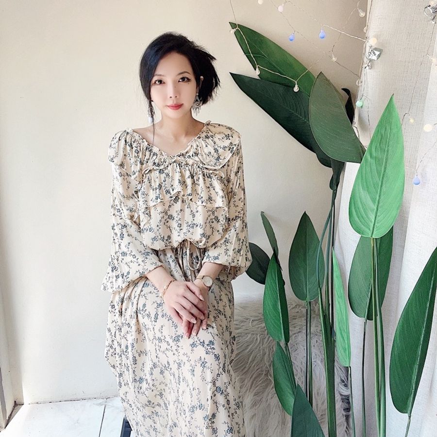 米杏色海湖藍捲捲藤蔓花卉 古董古著人造絲連身洋裝連衣裙vintage-0