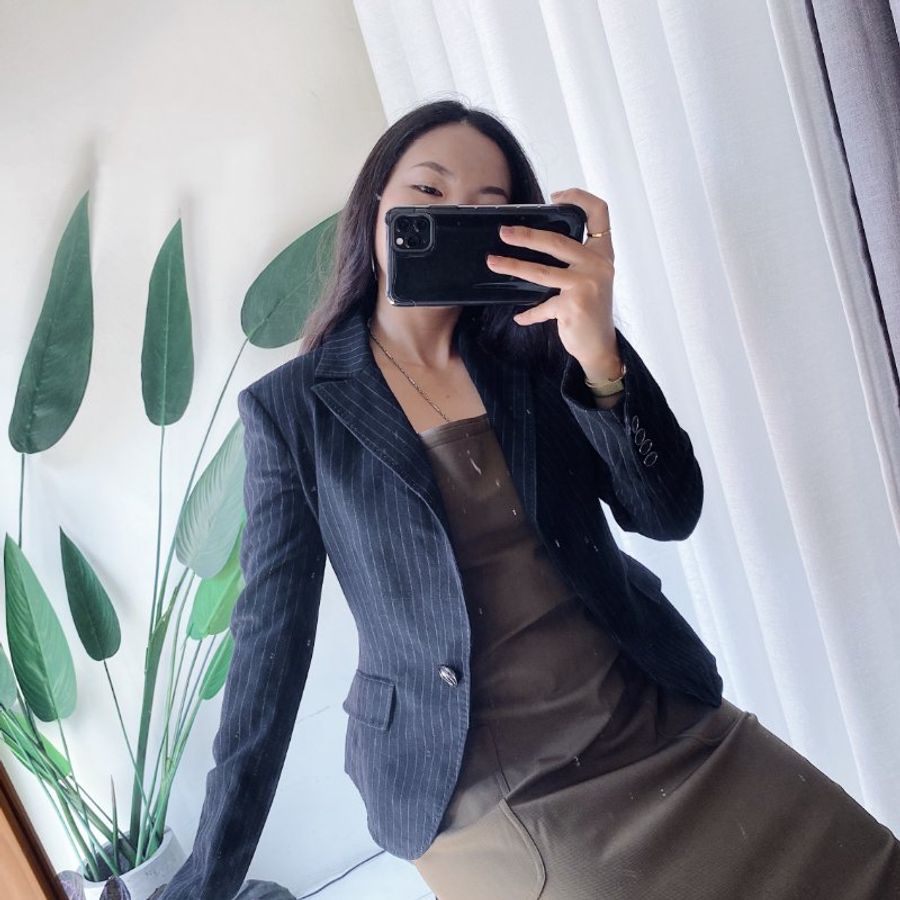 pinky&dianne 經典純黑細直紋 古董薄質羊呢毛料西裝外套 blazer-1