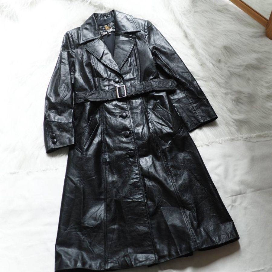 純黑亮面包釦牛皮皮衣 古董牛革真皮長版風衣外套Leather jacket-0