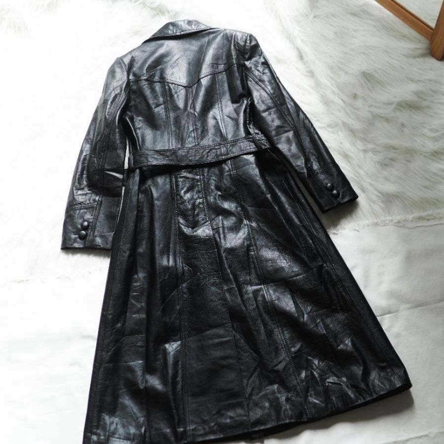 純黑亮面包釦牛皮皮衣 古董牛革真皮長版風衣外套Leather jacket-1