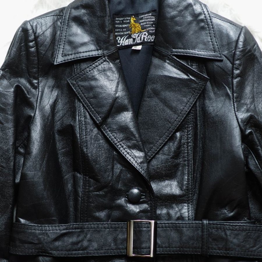 純黑亮面包釦牛皮皮衣 古董牛革真皮長版風衣外套Leather jacket-2