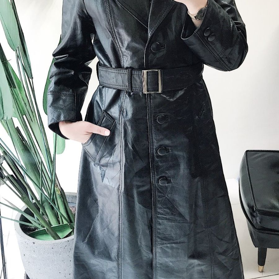 純黑亮面包釦牛皮皮衣 古董牛革真皮長版風衣外套Leather jacket-6