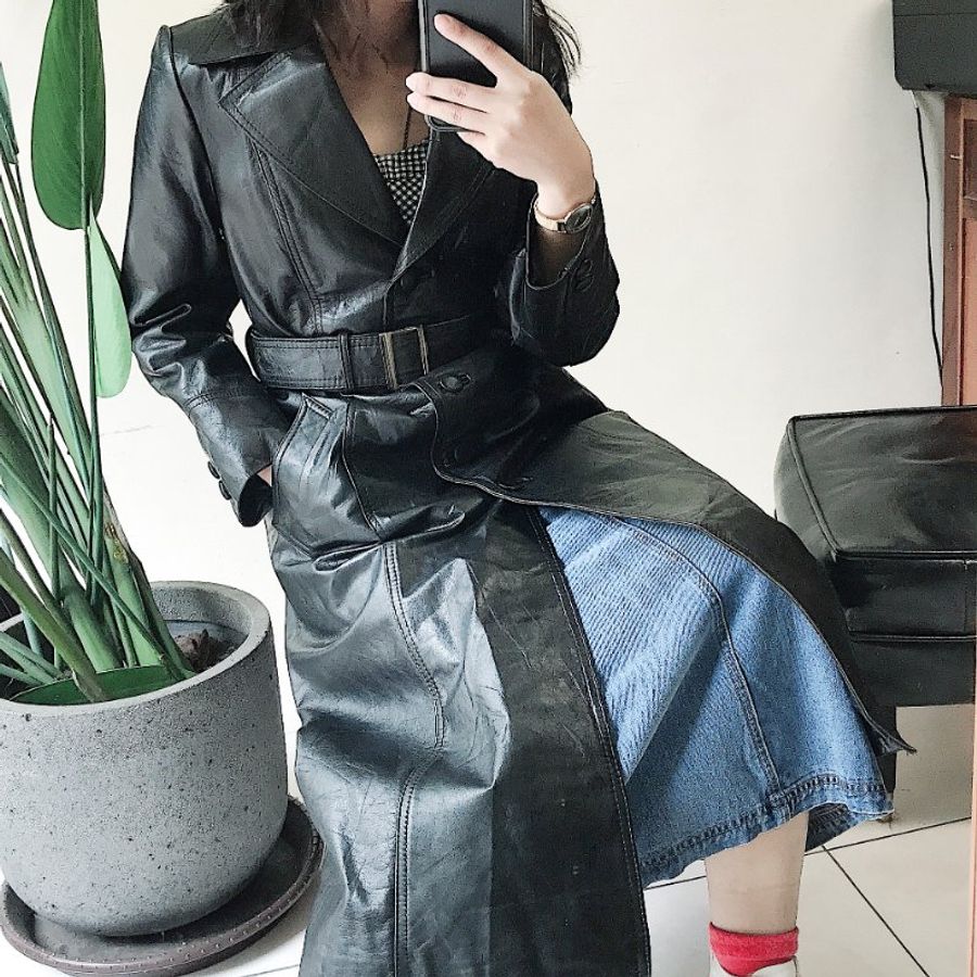 純黑亮面包釦牛皮皮衣 古董牛革真皮長版風衣外套Leather jacket-8
