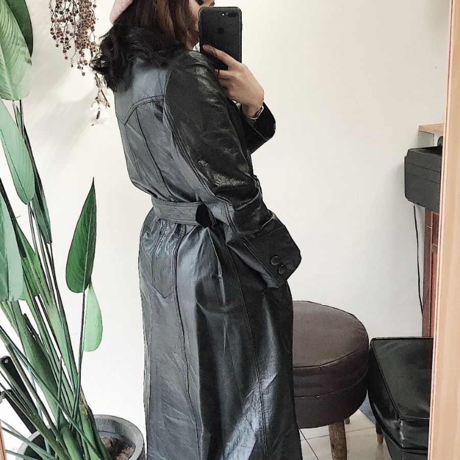 純黑亮面包釦牛皮皮衣 古董牛革真皮長版風衣外套Leather jacket-9