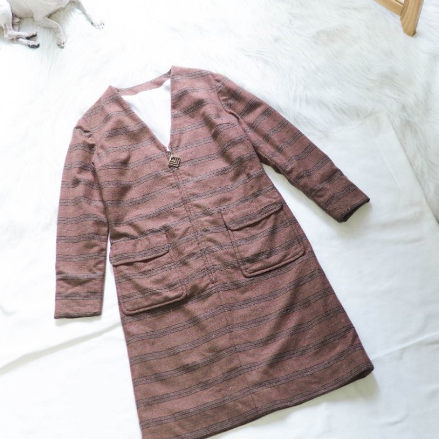 莫蘭迪灰藕粉經典優雅冬日女人 古董羊毛毛料連身洋裝長裙 dress-5