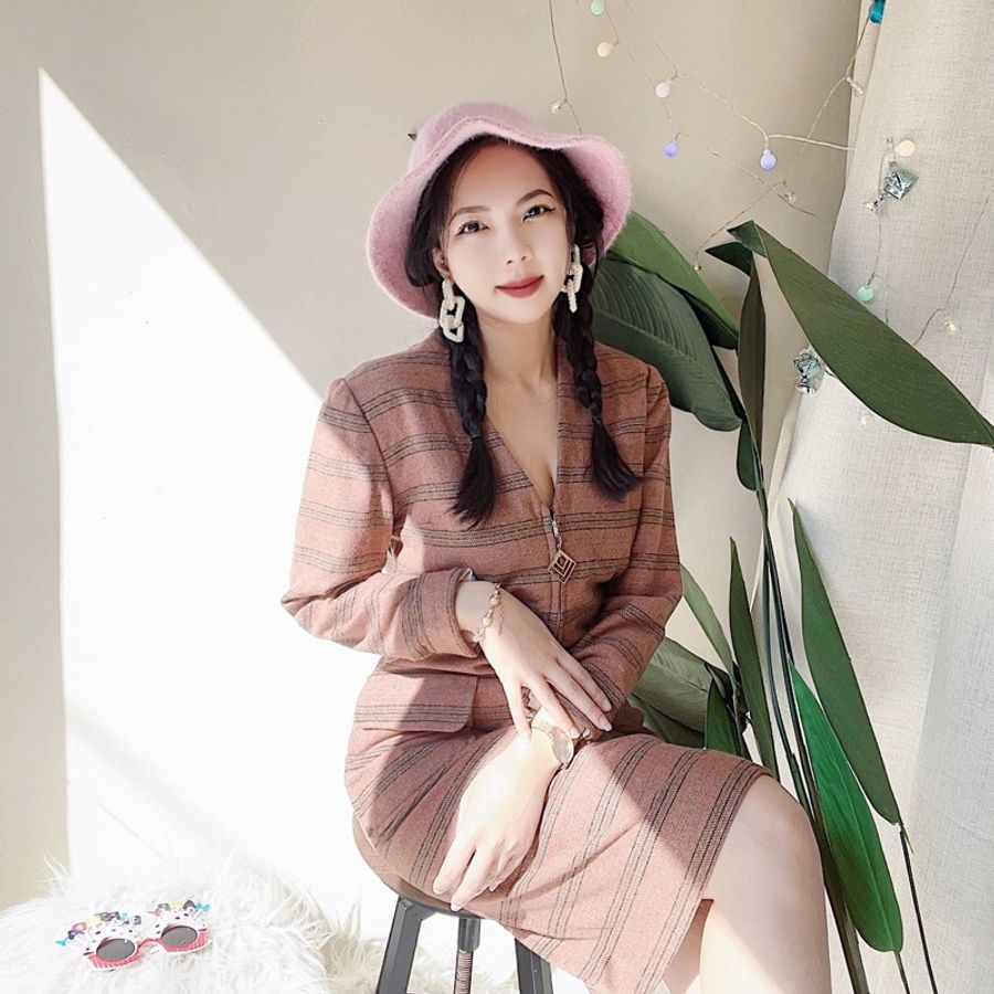 莫蘭迪灰藕粉經典優雅冬日女人 古董羊毛毛料連身洋裝長裙 dress-0