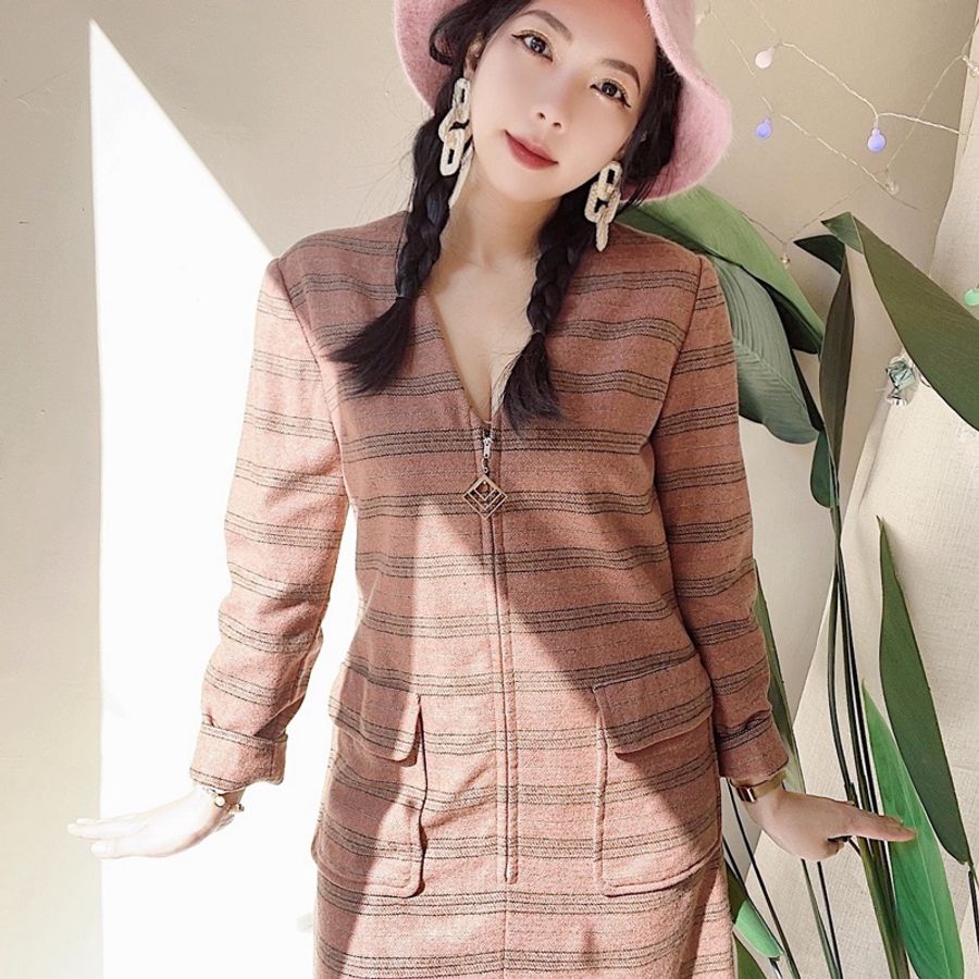 莫蘭迪灰藕粉經典優雅冬日女人 古董羊毛毛料連身洋裝長裙 dress-2