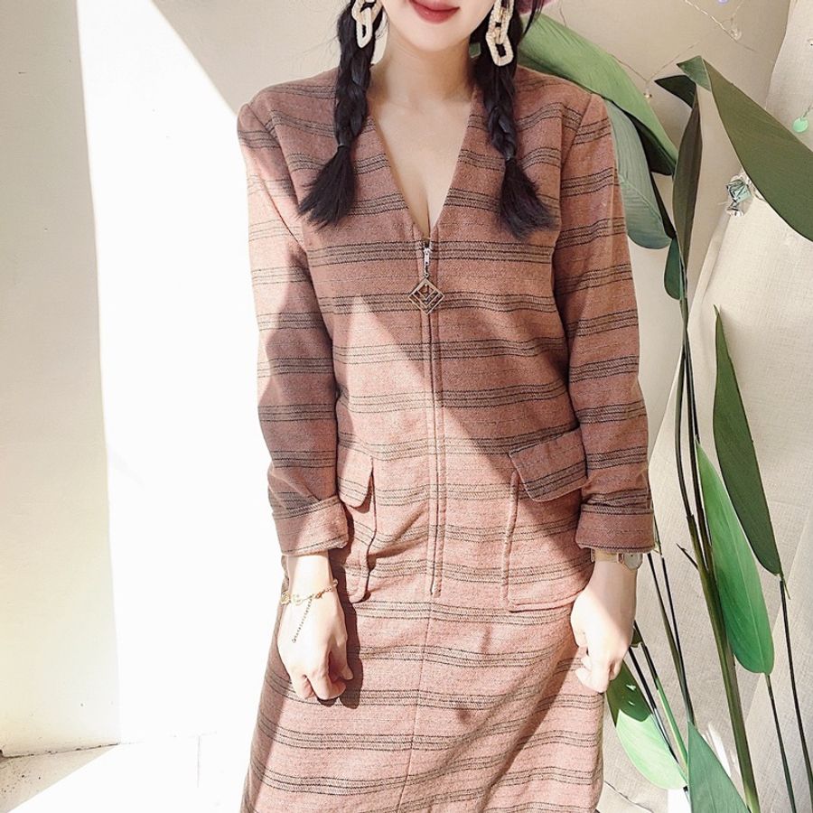 莫蘭迪灰藕粉經典優雅冬日女人 古董羊毛毛料連身洋裝長裙 dress-3