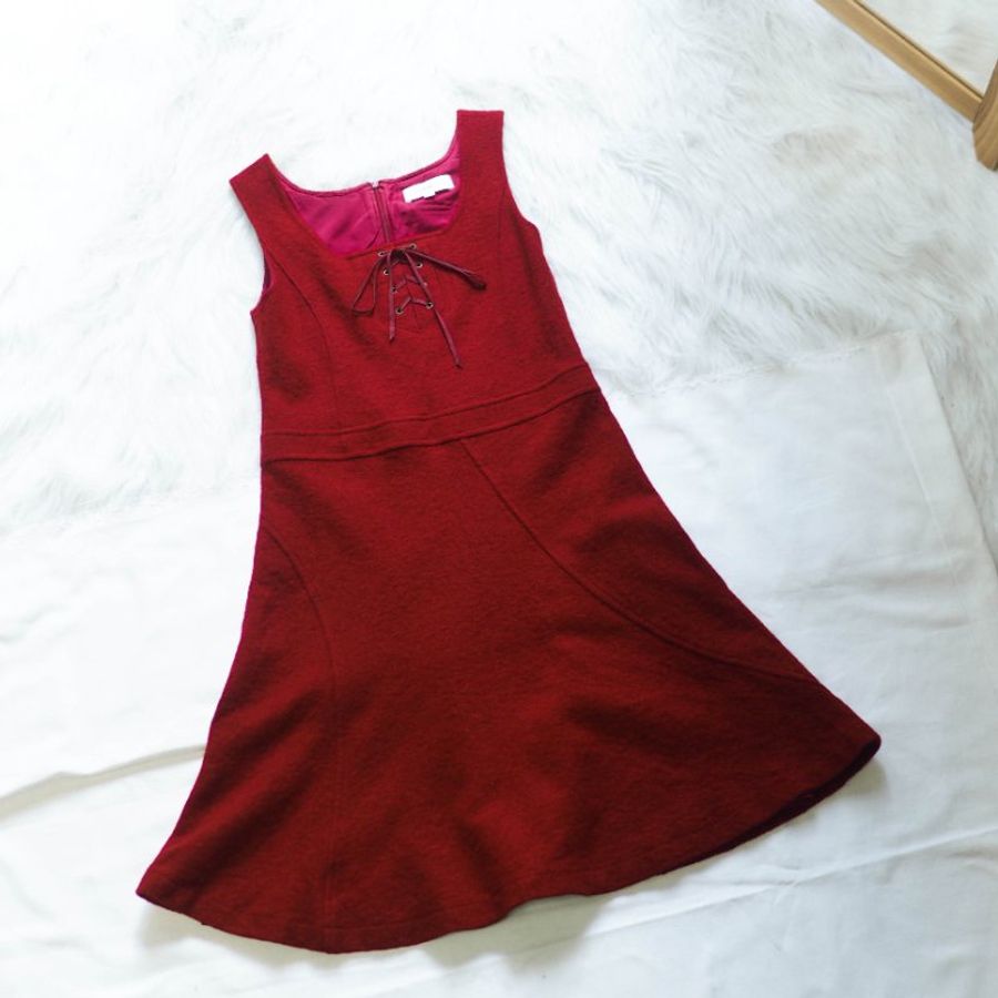 烈焰火紅綁帶方領大圓裙擺 古董羊毛毛料連身洋裝長裙 dress-5