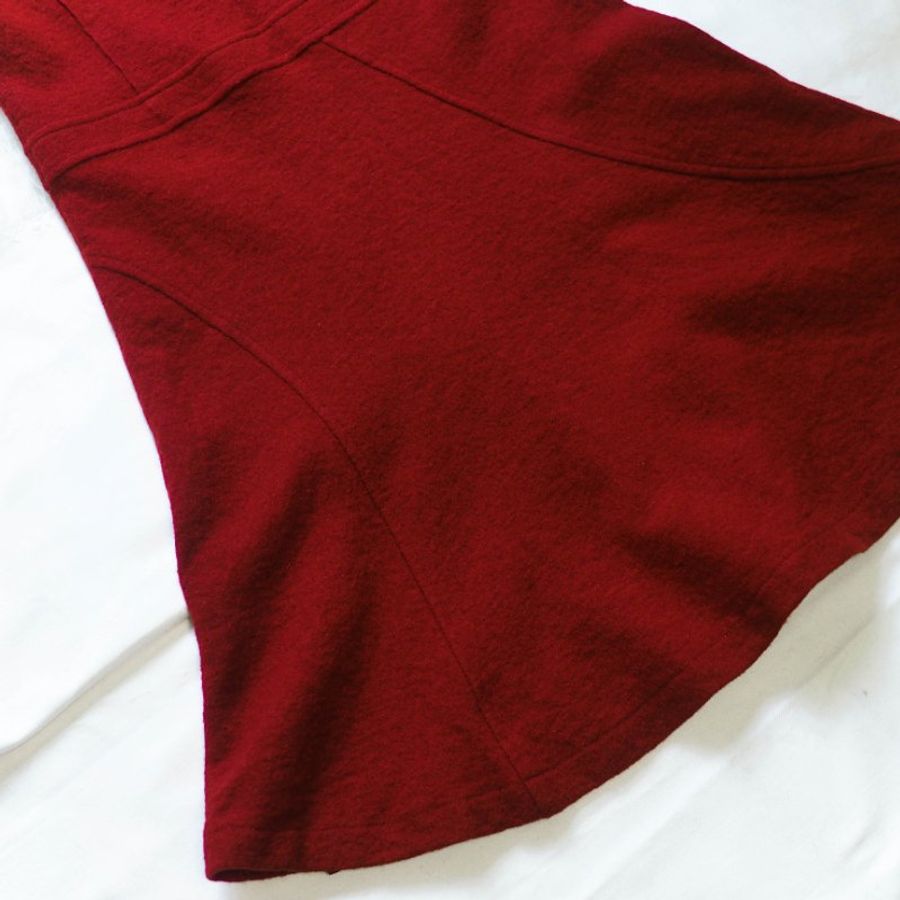 烈焰火紅綁帶方領大圓裙擺 古董羊毛毛料連身洋裝長裙 dress-8