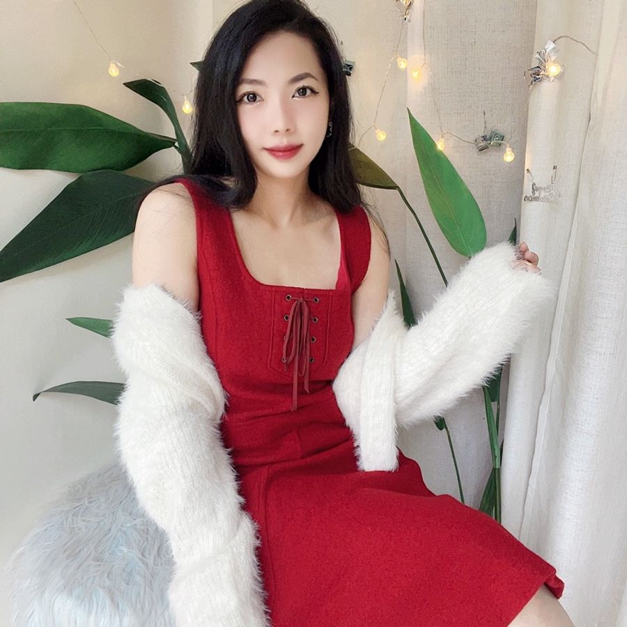烈焰火紅綁帶方領大圓裙擺 古董羊毛毛料連身洋裝長裙 dress-0