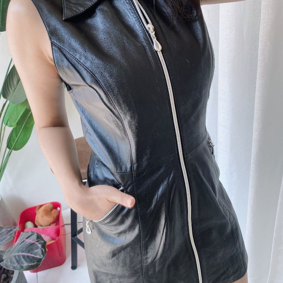 墨黑東方特務神秘末日放映 古董真皮羊皮革連身洋裝vintage dress-8