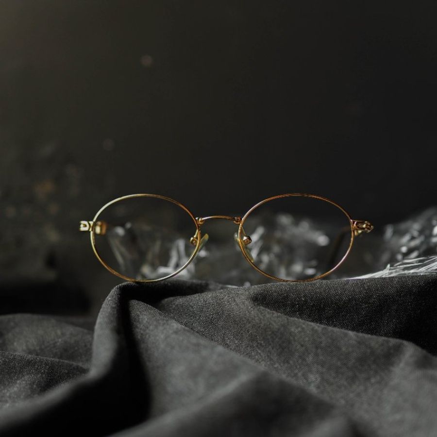 金黃橢圓別針式線條鏡腳金屬鏡框 古董眼鏡 Japan/glasses-0