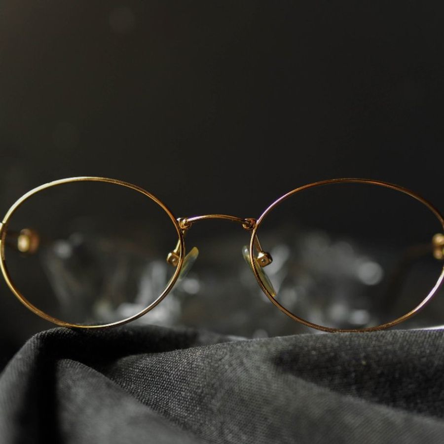 金黃橢圓別針式線條鏡腳金屬鏡框 古董眼鏡 Japan/glasses-1