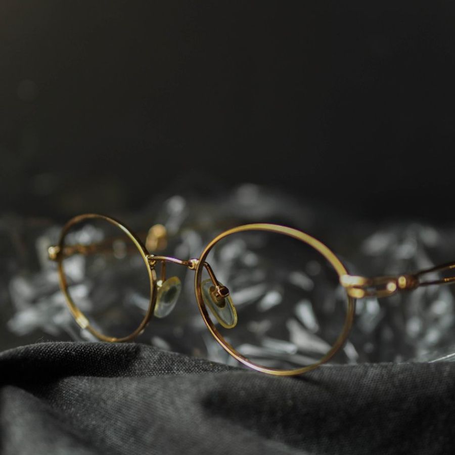 金黃橢圓別針式線條鏡腳金屬鏡框 古董眼鏡 Japan/glasses-2