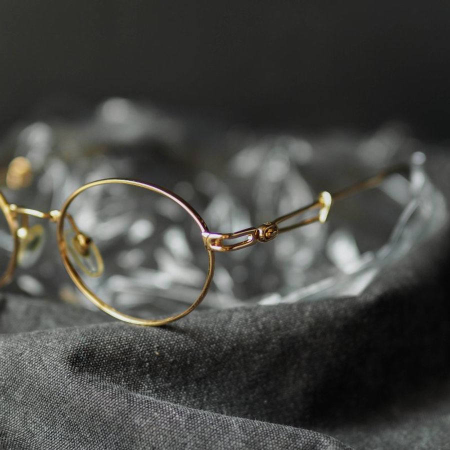 金黃橢圓別針式線條鏡腳金屬鏡框 古董眼鏡 Japan/glasses-3