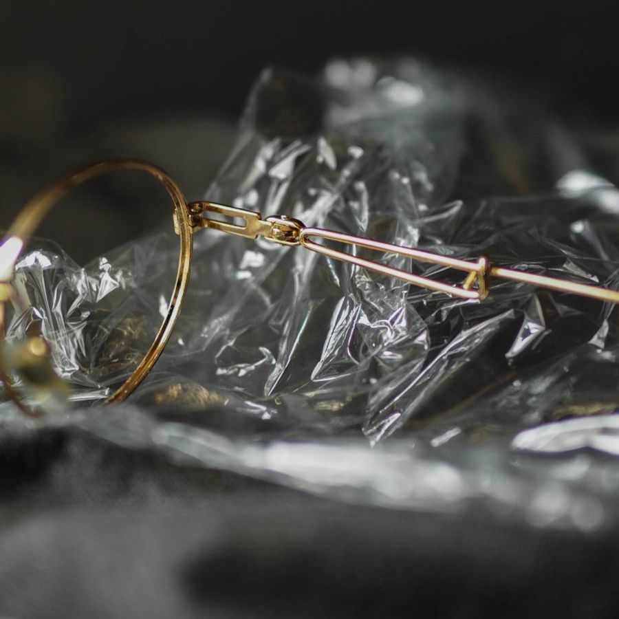 金黃橢圓別針式線條鏡腳金屬鏡框 古董眼鏡 Japan/glasses-4