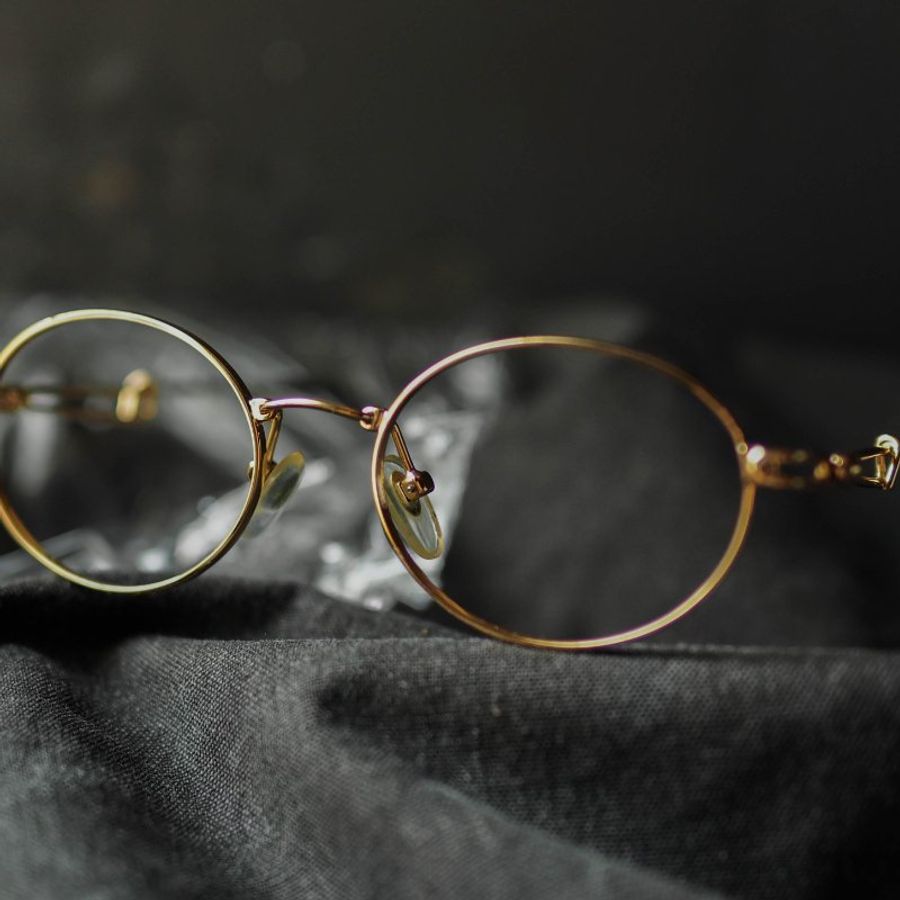 金黃橢圓別針式線條鏡腳金屬鏡框 古董眼鏡 Japan/glasses-5