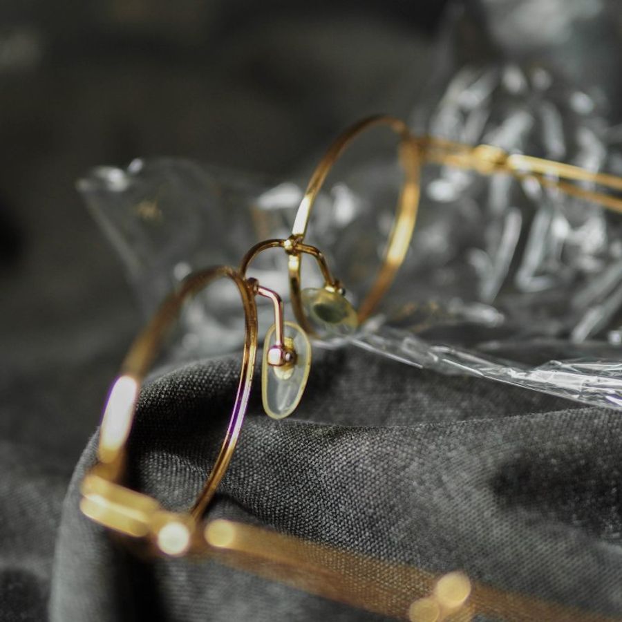 金黃橢圓別針式線條鏡腳金屬鏡框 古董眼鏡 Japan/glasses-7