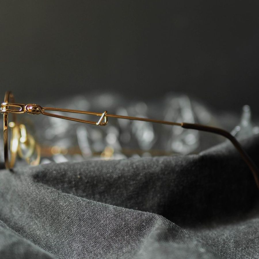 金黃橢圓別針式線條鏡腳金屬鏡框 古董眼鏡 Japan/glasses-9