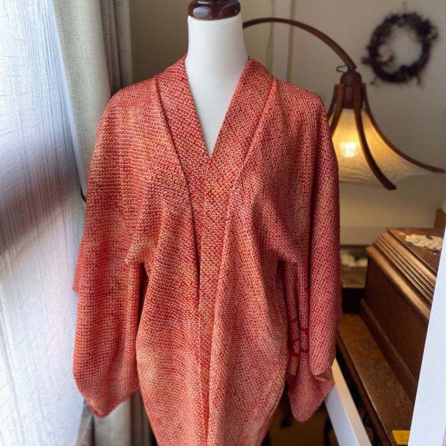 藏私·Collection_總絞染紅黃混色花朵全新古著羽織-1