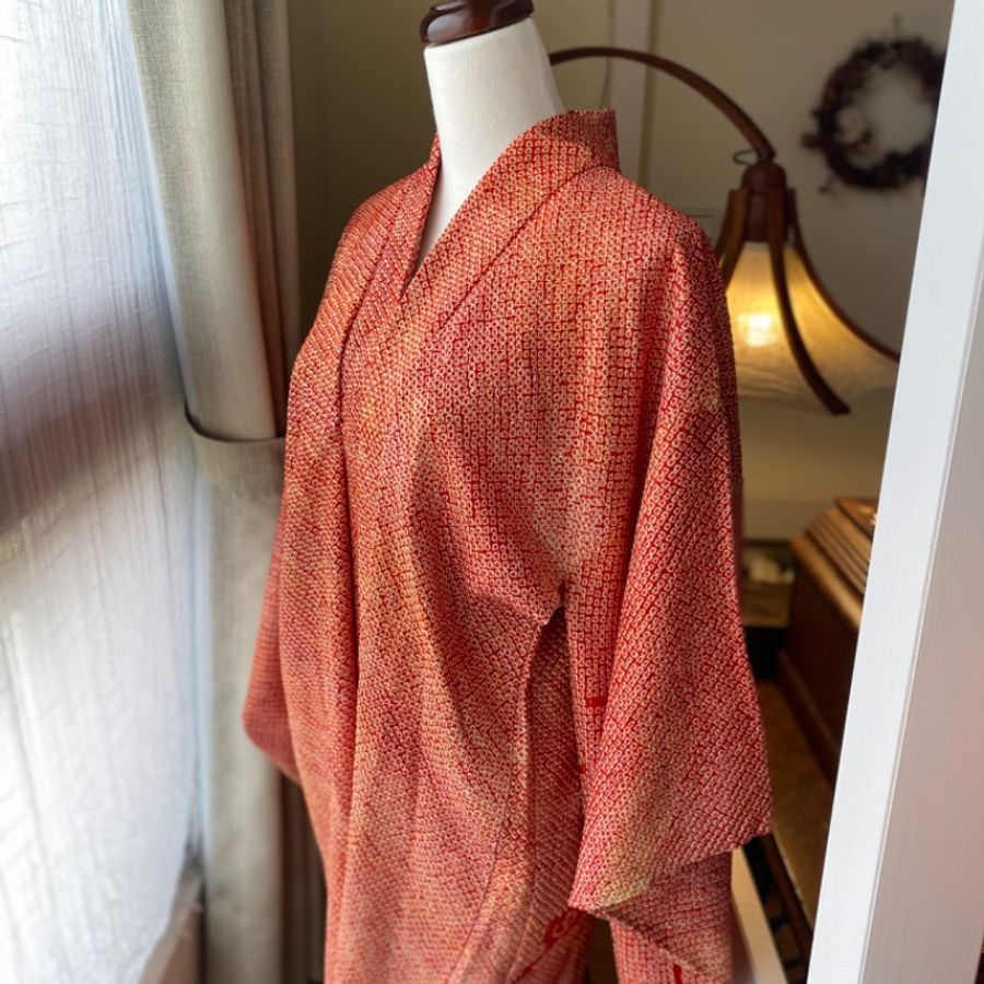 藏私·Collection_總絞染紅黃混色花朵全新古著羽織-2