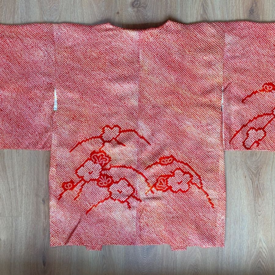藏私·Collection_總絞染紅黃混色花朵全新古著羽織-7
