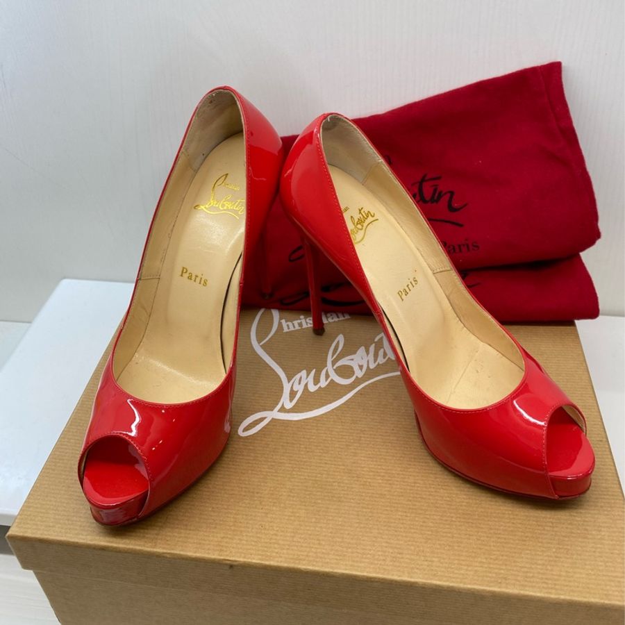 紅底鞋Christian Louboutin經典紅色漆皮魚口細跟12公分高跟鞋-0