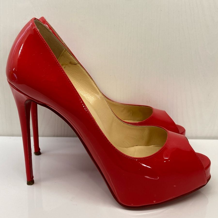 紅底鞋Christian Louboutin經典紅色漆皮魚口細跟12公分高跟鞋-1