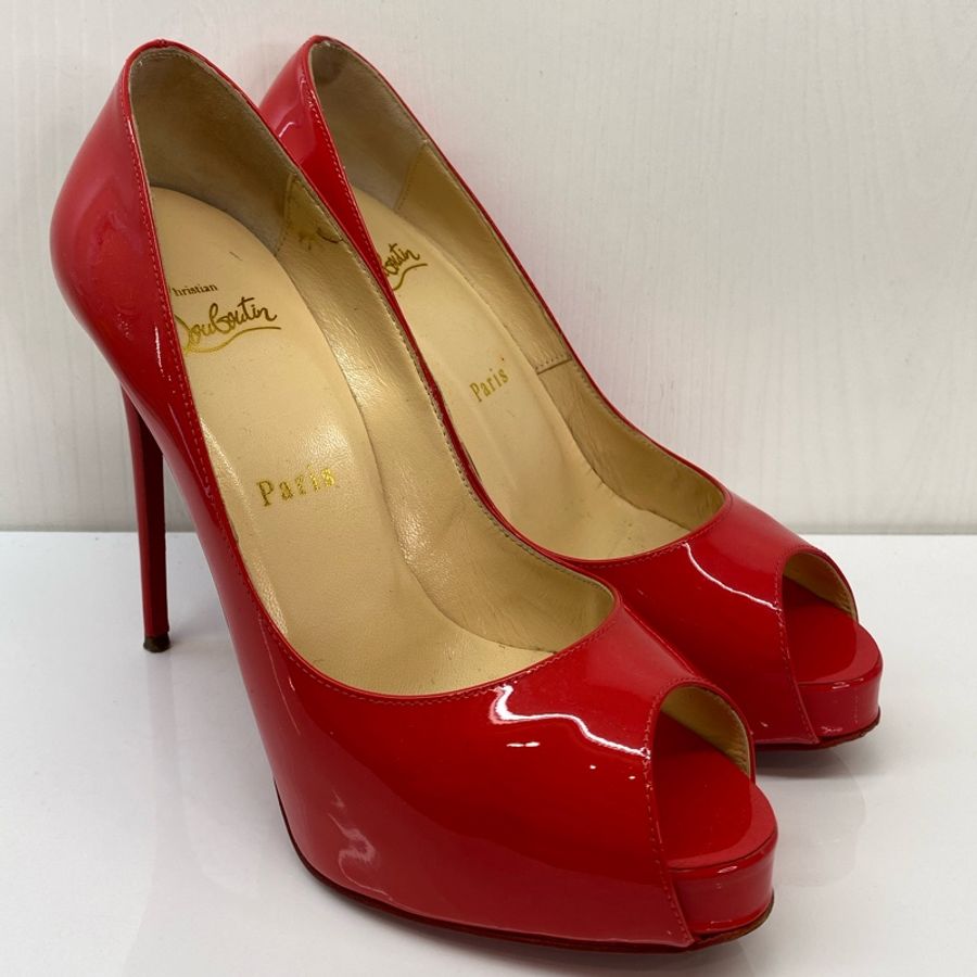 紅底鞋Christian Louboutin經典紅色漆皮魚口細跟12公分高跟鞋-2