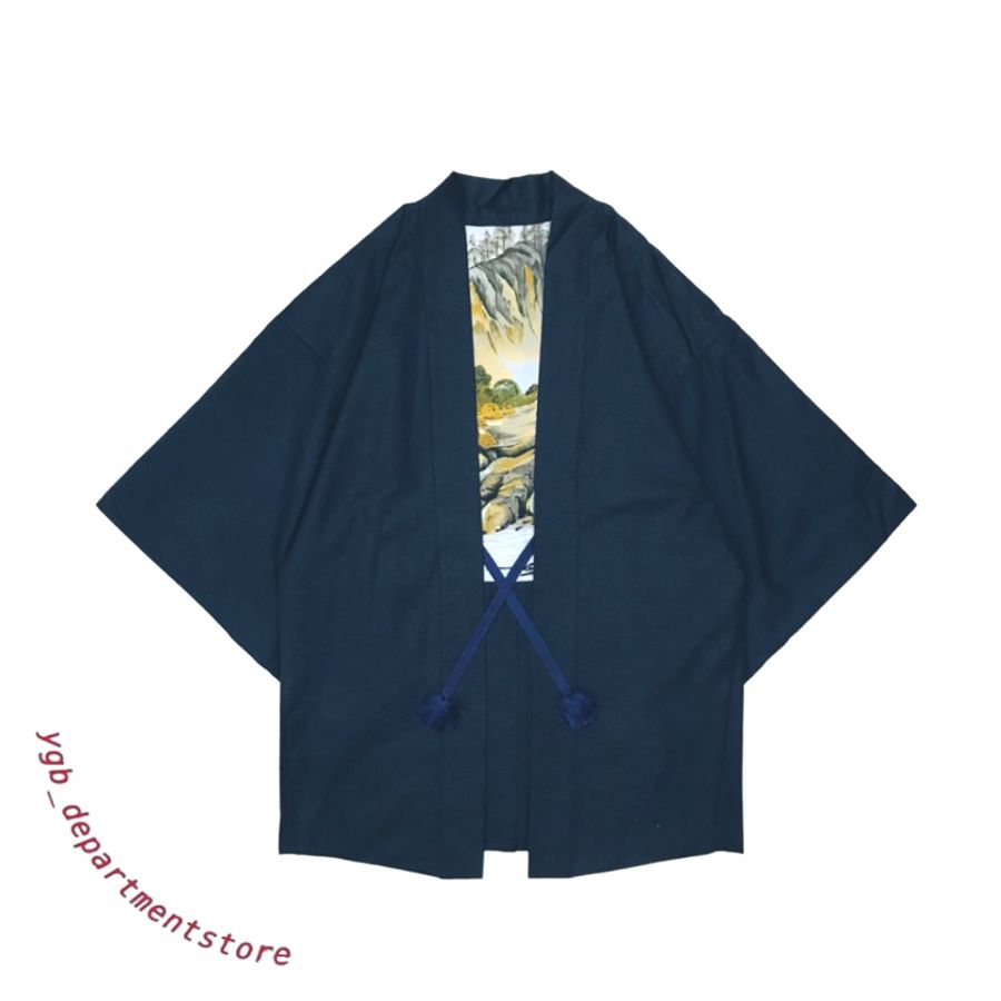 🌞vintage🌞日本進口深藍和柄山水畫古着羽織和服罩衫(๑•ૅㅁ•๑)日系復古辣妹個性文青90s00s-0