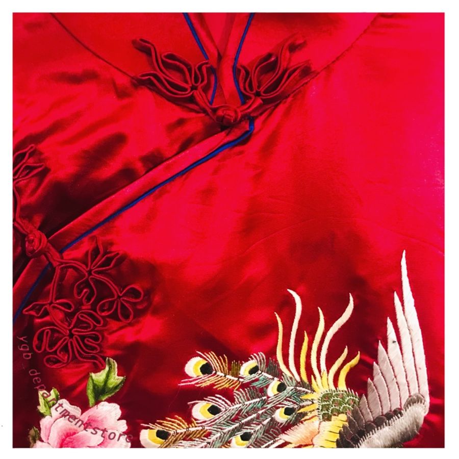 🌞vintage🌞酒紅緞面鳳凰刺繡古着盤釦旗袍洋裝(๑•ૅㅁ•๑)日系復古辣妹個性文青90s00s-3