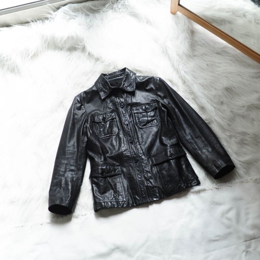 theory亮黑口袋後縮腰皮衣古董牛革真皮襯衫皮外套Leather jacket-0