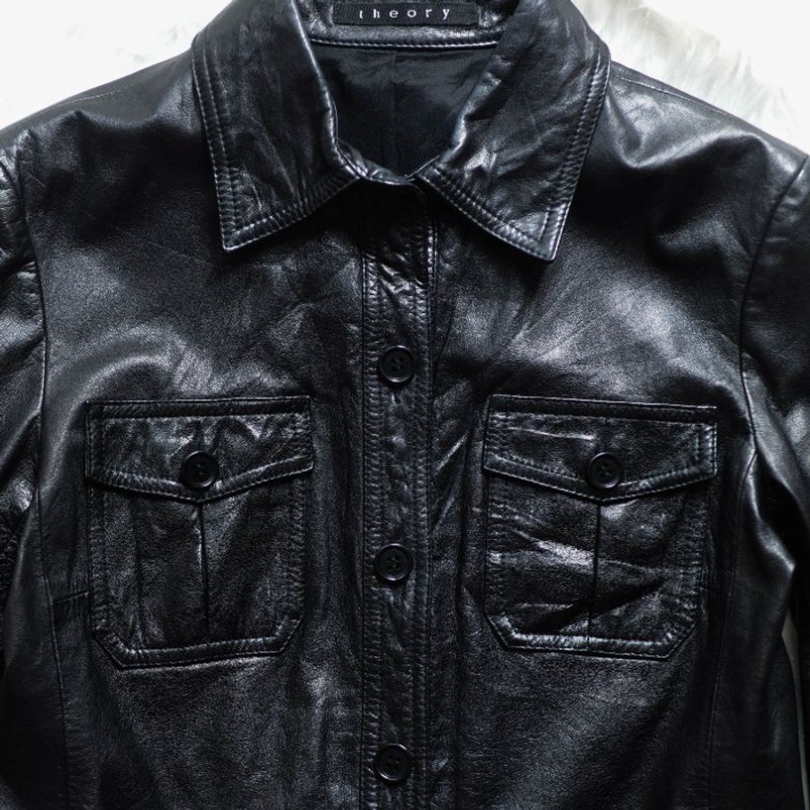 theory亮黑口袋後縮腰皮衣古董牛革真皮襯衫皮外套Leather jacket-1