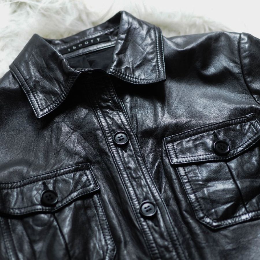 theory亮黑口袋後縮腰皮衣古董牛革真皮襯衫皮外套Leather jacket-2
