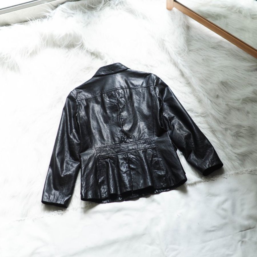 theory亮黑口袋後縮腰皮衣古董牛革真皮襯衫皮外套Leather jacket-4
