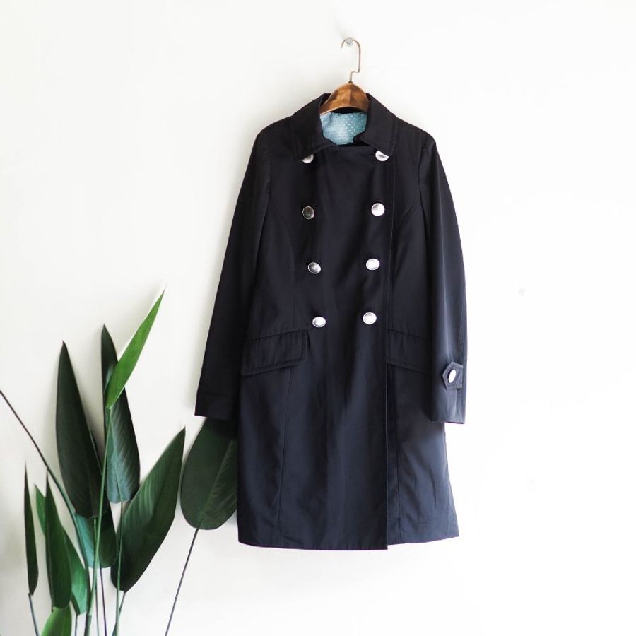 深黑藍霧面銀釦秋楓戀日少女 古董薄料風衣外套 dustcoat jacket-0