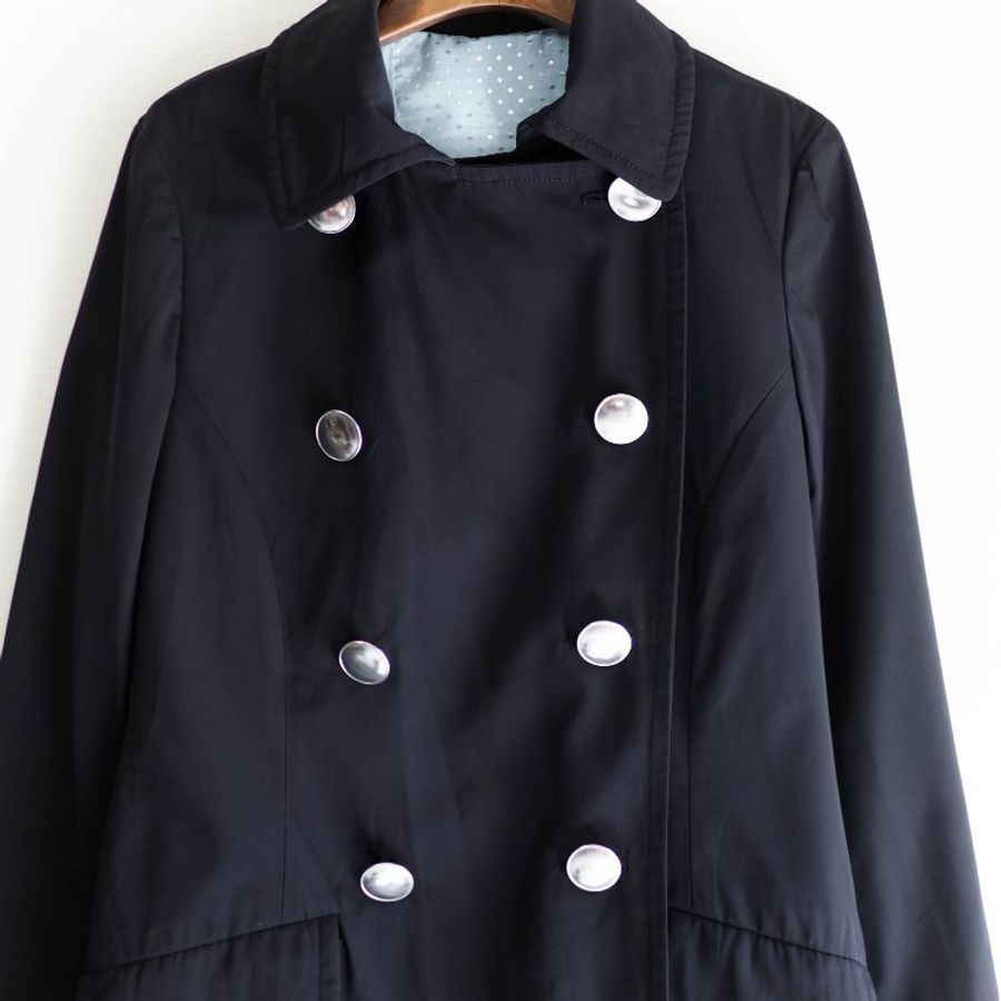 深黑藍霧面銀釦秋楓戀日少女 古董薄料風衣外套 dustcoat jacket-1