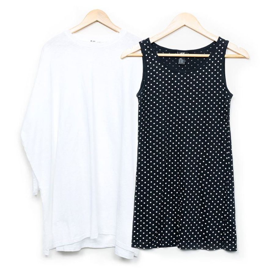 【郭靜私服】素色棉質長版上衣 + H&M 無袖點點長版背心-0
