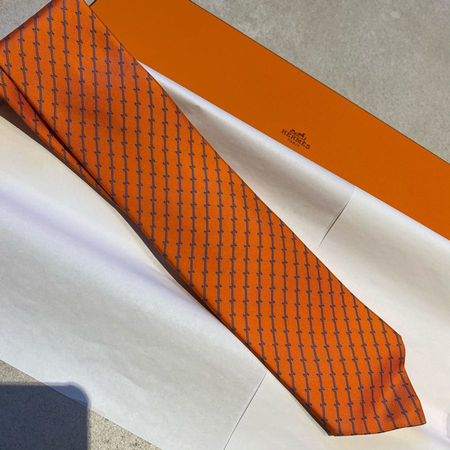 HERMÈS愛馬仕經典蠶絲領帶橘色全新-0