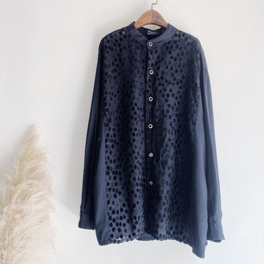 墨色純黑亨利領前透膚金絲線圓點 古著絲質襯衫上衣vintage Shirt-7