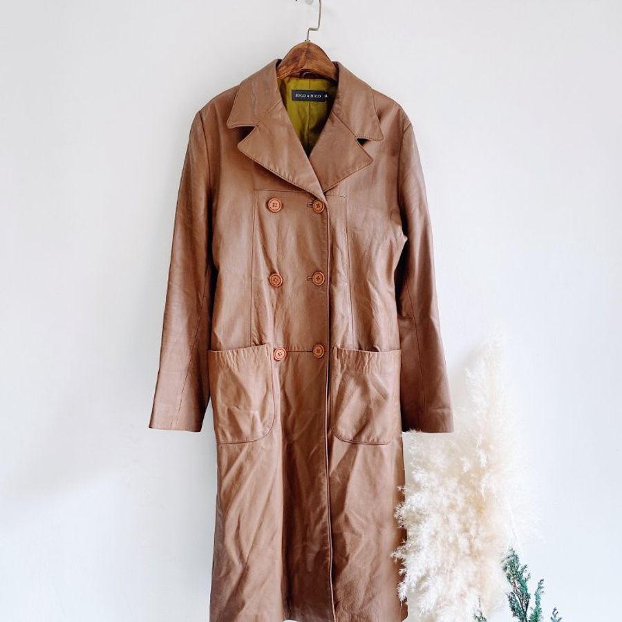 乳咖色經典俐落雙排釦 古董真皮長版風衣外套皮衣Leather jacke-7