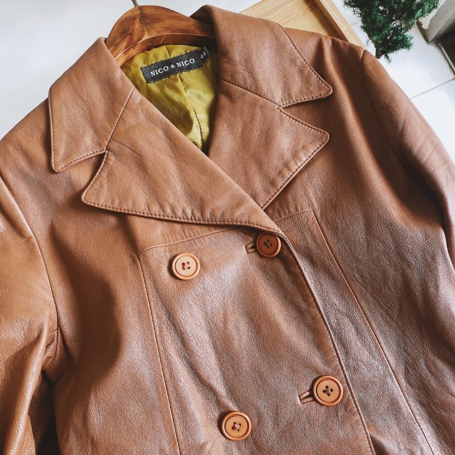 乳咖色經典俐落雙排釦 古董真皮長版風衣外套皮衣Leather jacke-8