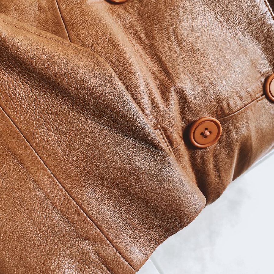乳咖色經典俐落雙排釦 古董真皮長版風衣外套皮衣Leather jacke-9