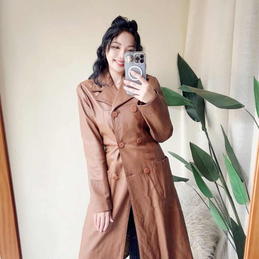 乳咖色經典俐落雙排釦 古董真皮長版風衣外套皮衣Leather jacke-0