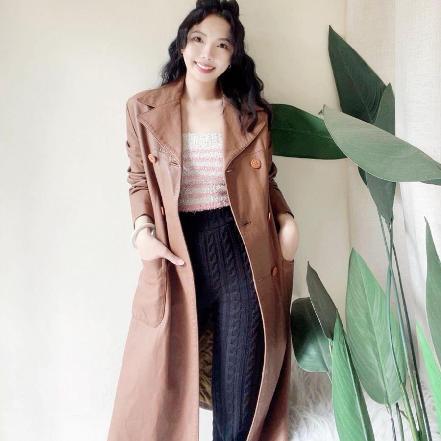 乳咖色經典俐落雙排釦 古董真皮長版風衣外套皮衣Leather jacke-1